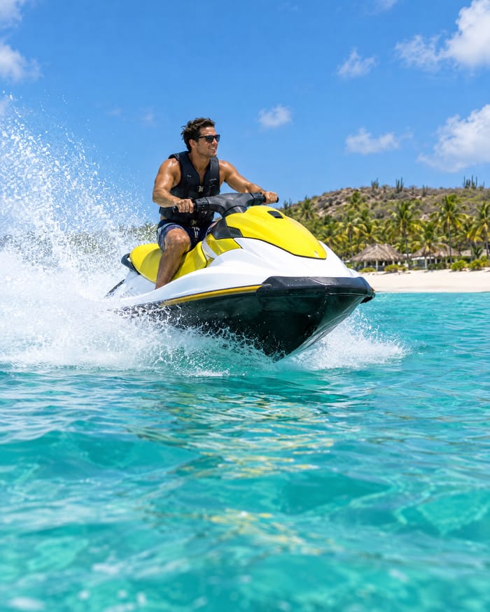A rider on a yellow and white jet ski in turquoise water