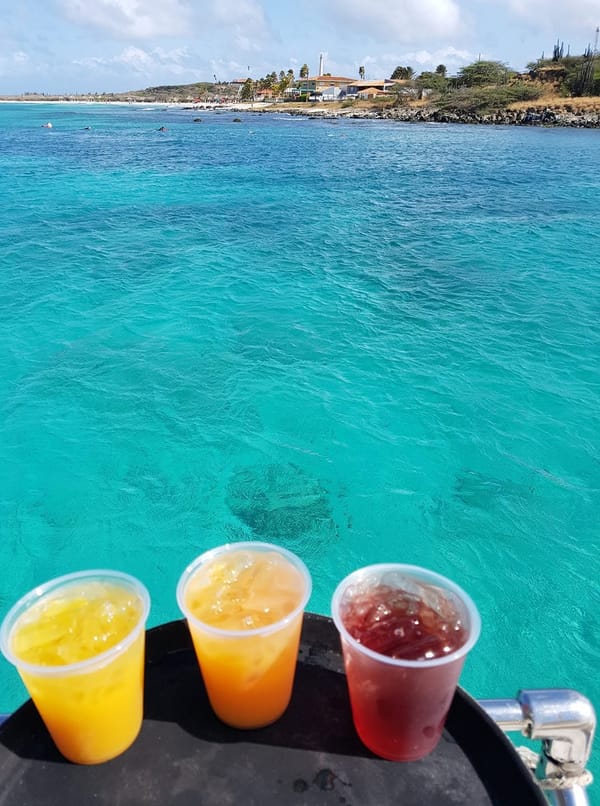 Three cups of rum punch and juice held up over the water
