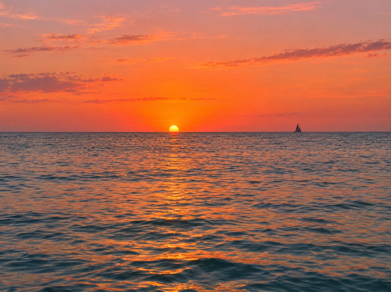 The sun touching the horizon over a calm sea, with a sailboat in the distance
